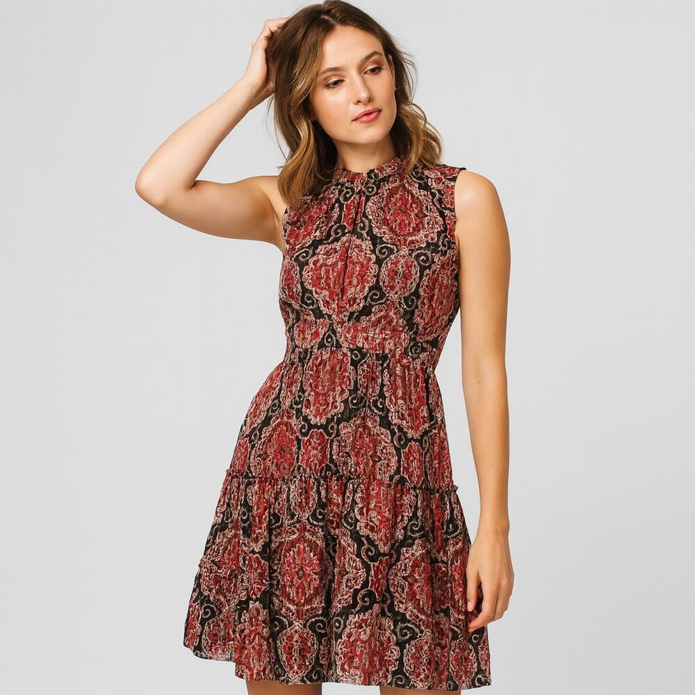 Kate Spade NY Women's Metallic Medallion Print Dress Ruffle Trim Size 2